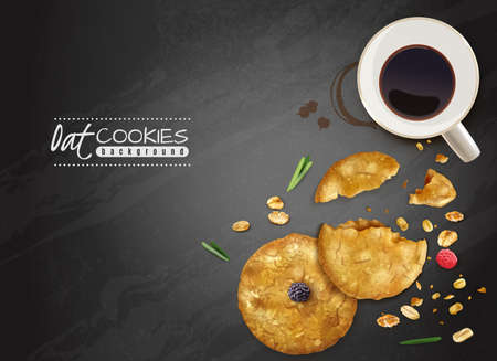 Oat cookies black background with top view cup of coffee and crumble cookies and berries vector illustrationのイラスト素材