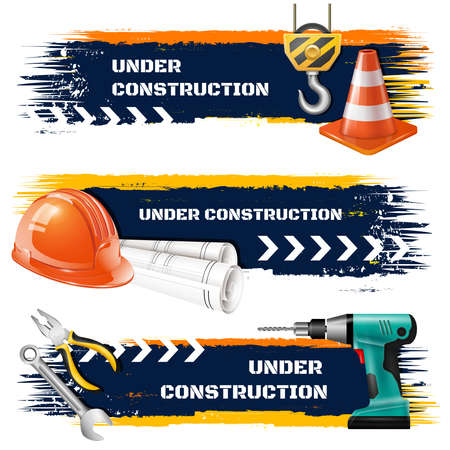 Under construction grunge banners with road barrier protective helmet hook of elevating crane realistic icons vector illustrationのイラスト素材