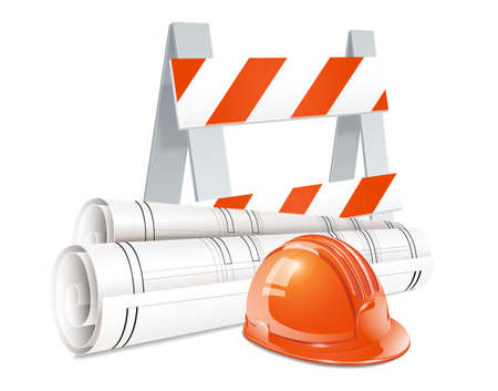Construction design concept set of road barrier orange helmet and roll of engineering drawings realistic elements vector illustrationのイラスト素材