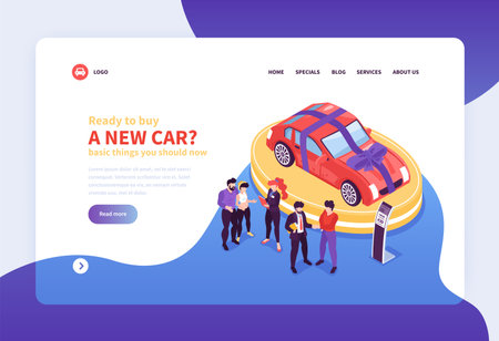 Isometric car showroom web site landing page concept background with images clickable links and editable text vector illustrationのイラスト素材