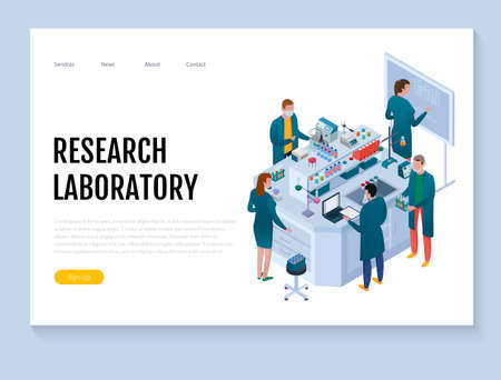 Scientific chemical laboratory with staff and research equipment isometric web banner on white background vector illustrationのイラスト素材