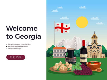Welcome to georgia travel agency flat web page design with national flag food wine landmarks vector illustrationのイラスト素材