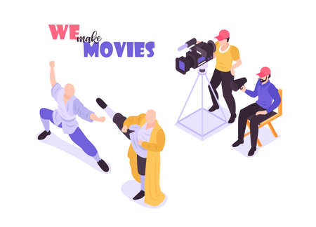 Isometric movie cinema composition with human characters of shooting crew members and actors on blank background vector illustrationのイラスト素材