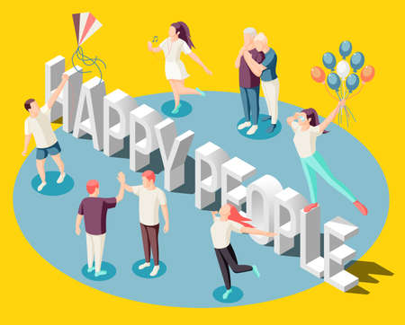 Happy people dancing with balloons spending time together enjoying life  isometric bright yellow background poster vector illustrationのイラスト素材