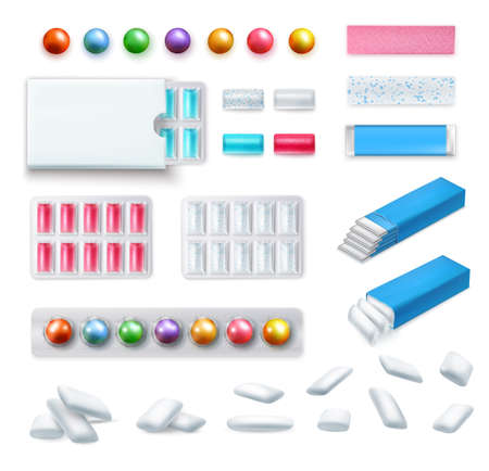 Set of realistic chewing gum of various shape and color in packaging and without isolated vector illustrationのイラスト素材