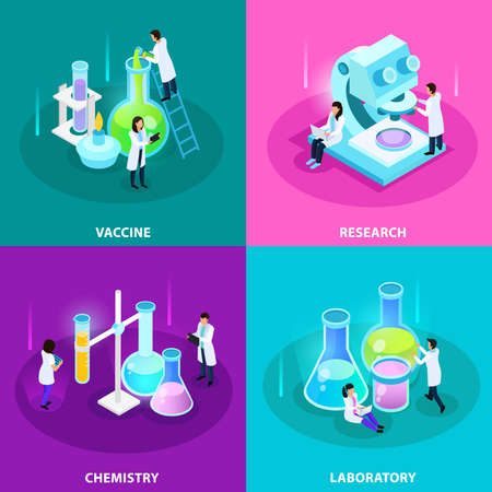 Vaccines development isometric design concept with laboratory research chemistry equipment and experiments isolated vector illustrationのイラスト素材
