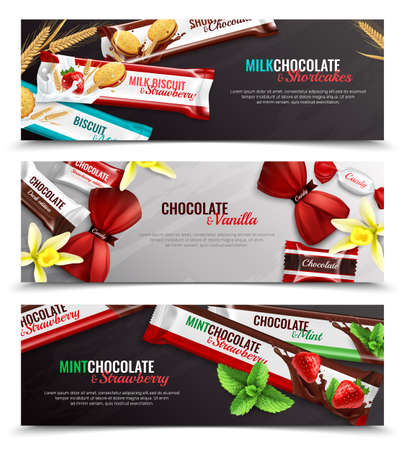 Chocolate candies and biscuits packaging  with vanilla strawberry mint flavor 3 realistic horizontal banners isolated vector illustrationのイラスト素材