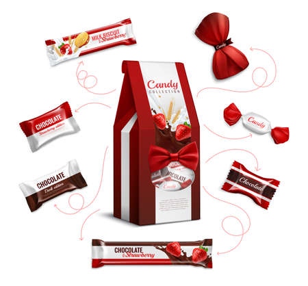 Chocolate strawberry flavored candies and biscuits in colorful foil wrappings varieties pack realistic advertising composition vector illustrationのイラスト素材
