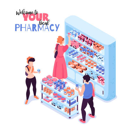 Customers buying medicine in pharmacy 3d isometric vector illustrationのイラスト素材