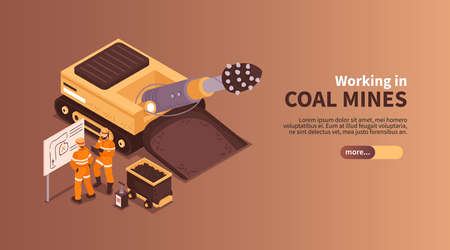 Mine isometric banner composition with slider more button editable text and human characters of coal miners vector illustrationのイラスト素材