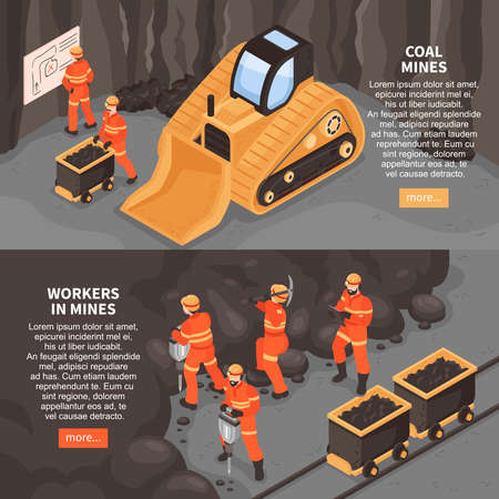 Mine set of two horizontal banners with more button editable text and images of mining machinery vector illustrationのイラスト素材