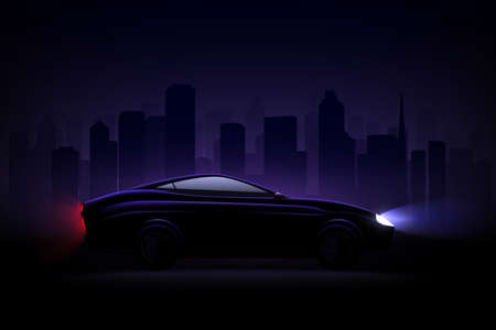 Lightened luxury sedan car against night city background with headlamps and rear tail lights lit vector illustrationのイラスト素材