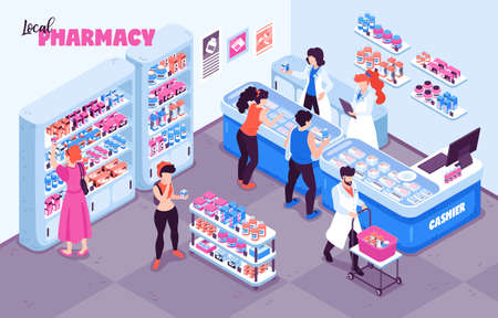 Pharmacy isometric background composition with indoor view of medicine store human characters and racks with shelves vector illustrationのイラスト素材