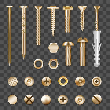 Set of realistic metal golden fasteners isolated on transparent background vector illustrationのイラスト素材