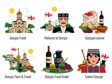 Georgian culture symbols cuisine traditions landmarks sightseeing tourists travel guide 6 flat compositions set isolated vector illustrationのイラスト素材
