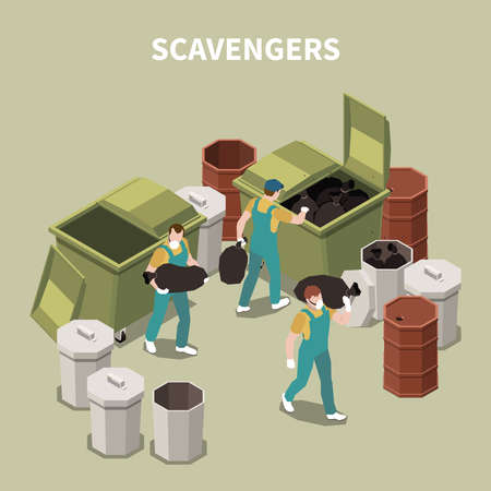 Isometric and 3d garbage recycling composition with scavengers on work with masks vector illustrationのイラスト素材
