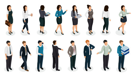 Office people in business clothing in various posture with accessories isometric set isolated vector illustrationのイラスト素材