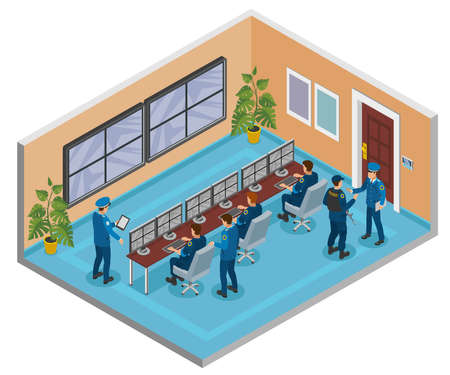 Security systems isometric composition with cctv surveillance cameras monitoring and responding operators officers room interior vector illustrationのイラスト素材