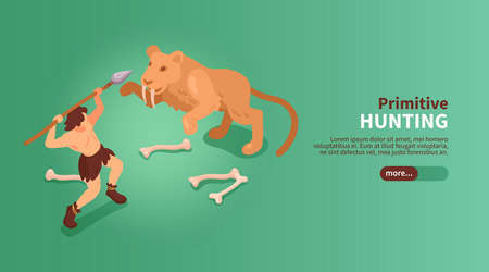 Isometric primitive people caveman banner with text slider button images of human and sabre toothed tiger vector illustrationのイラスト素材