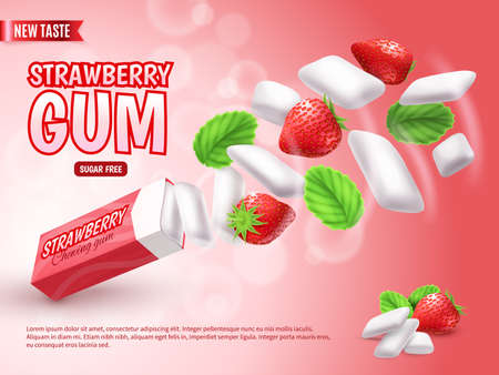 Chewing gum with strawberry and green leaves on blurred red gradient background advertising composition realistic vector illustrationのイラスト素材