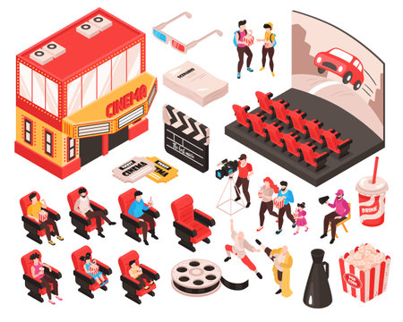 Isometric movie cinema set of isolated elements theater building audience seats and accessories of movie watchers vector illustrationのイラスト素材