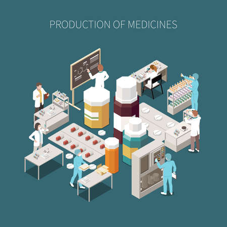 Colored isolated pharmaceutical production composition with production of medicines description and medical laboratory vector illustrationのイラスト素材