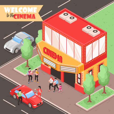 Isometric movie cinema composition with outdoor view of city street with cars people and theater building vector illustrationのイラスト素材