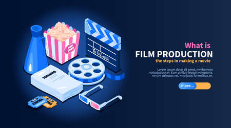 Isometric movie cinema flowchart concept with images of random cinema-related items text and slider button vector illustrationのイラスト素材