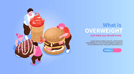 Isometric overeating gluttony banner with slider button editable text and characters of fat people with sweets vector illustrationのイラスト素材