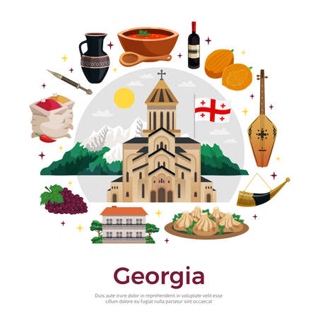Georgia for tourists flat round composition poster with mountains landmarks musical instruments wine spices dishes vector illustrationのイラスト素材