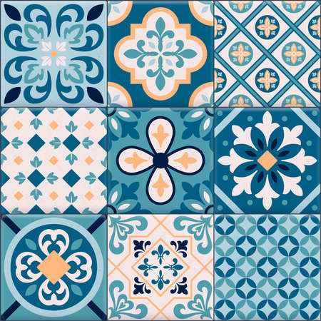 Colored and realistic ceramic floor tiles ornaments icon set for creation of different pattern vector illustrationのイラスト素材