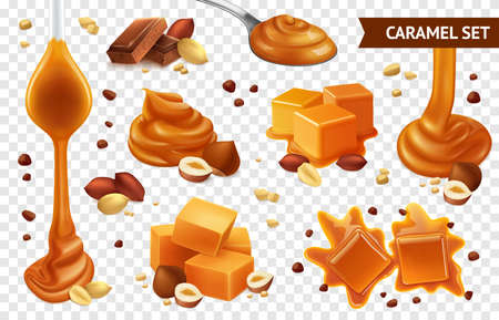 Realistic caramel chocolate nut icon set with different shapes taste and condition vector illustrationのイラスト素材