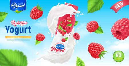 Realistic yogurt poster with abstract composition flying raspberries in the air around yogurt packaging vector illustrationのイラスト素材