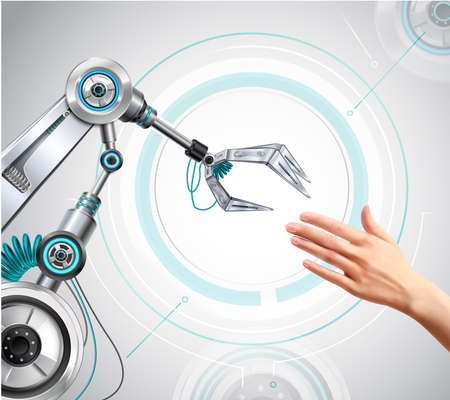 Robotic arm and human hand reaching out to one another realistic composition high tech background vector illustrationのイラスト素材