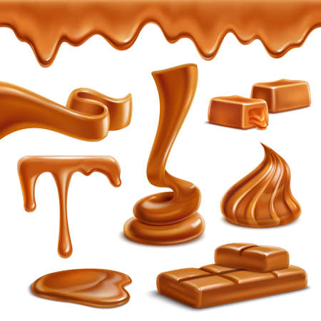 Caramel toffee melted horizontal border drops puddles appetizing spiral figures candies bar sweets realistic set vector illustrationのイラスト素材