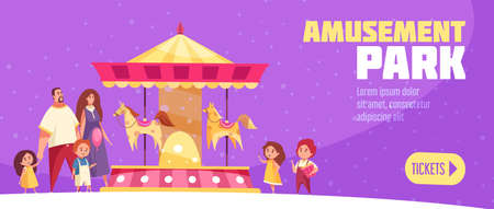 Amusement park horizontal banner in cartoon style with button to buy electronic tickets vector illustrationのイラスト素材
