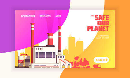 Urban landing page for environmental defense websites with power plant and caption safe our planet vector illustrationのイラスト素材