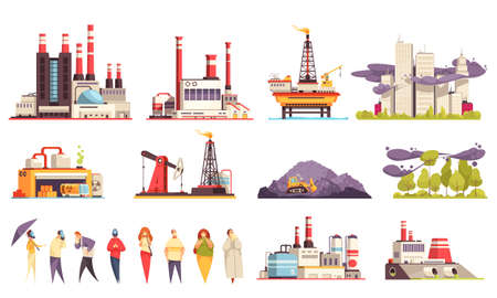 Industrial buildings cartoon set of factories power plants oil offshore platform isolated vector illustrationのイラスト素材
