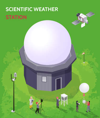 Colored isometric meteorological weather center composition with scientific weather station description vector illustrationのイラスト素材