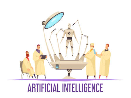 Artificial intelligence design concept with medical robot for surgery operation android scientists and surgeons flat vector illustrationのイラスト素材