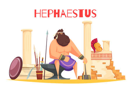 Greek gods cartoon composition with  powerful figurine of hephaestus sitting on anvil and holding hammer flat vector illustrationのイラスト素材