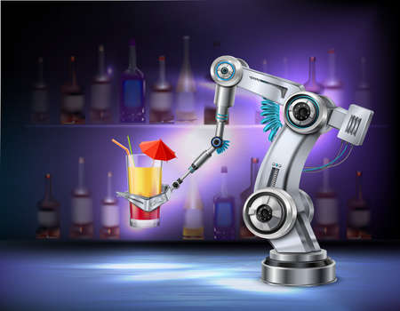 Robotic arm serving cocktail at bar cafe restaurant realistic composition with wine bottles in background vector illustrationのイラスト素材