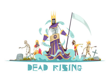 Dead rising spooky design concept with ghosts walking around cemetery between graves with crosses vector illustrationのイラスト素材