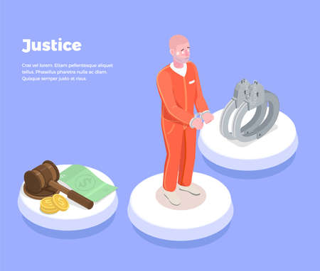 Law justice isometric background with icons judge symbols wristbands highly litigious prisoner and editable text description vector illustrationのイラスト素材