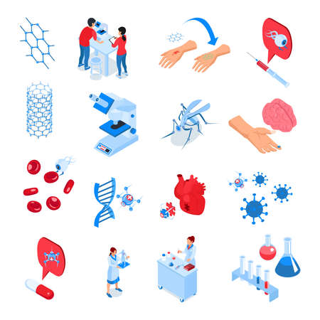 Colored isometric research laboratories icon set with elements and tools for future developments of science vector illustrationのイラスト素材