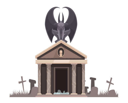 Dark evil with spread wings sitting on roof of the cemetery crypt near graves with crosses cartoon vector illustrationのイラスト素材