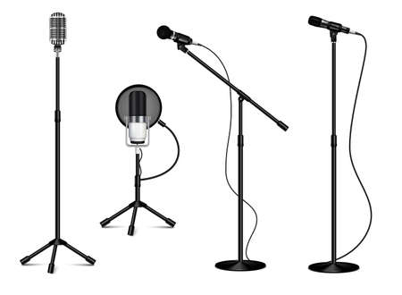 Vintage collection of standing professional microphones with wire on white background in realistic style isolated vector illustrationのイラスト素材