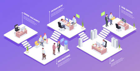 Recruitment isometric composition with images of different office rooms and infographic text captions available for editing vector illustrationのイラスト素材