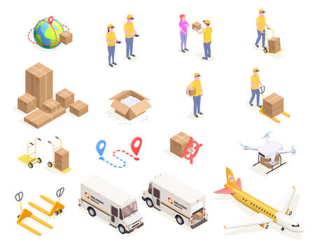 Delivery logistics shipment isometric icons set with isolated images of cardboard boxes and people in uniform vector illustrationのイラスト素材