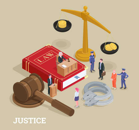 Law justice isometric conceptual composition with small people characters and huge icons process of law symbols vector illustrationのイラスト素材